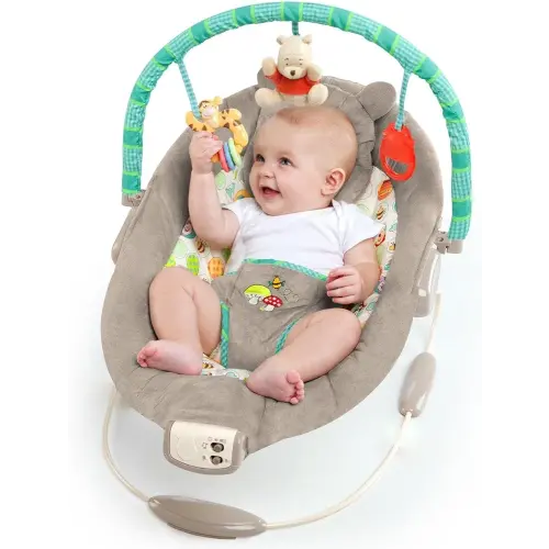 Bright Starts Disney Baby Winnie the Pooh Baby Bouncer Soothing Vibrations Deluxe Infant Seat - Faux Suede, Music, Removable -Toy Bar, 0-6 Months 6-20 lbs (Dots & Hunny Pots)