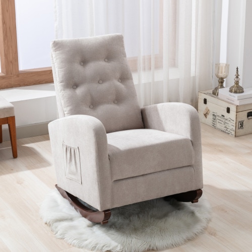 Nursery Rocking Chair with Solid Wood Legs, High Back Glider Chair with Padded Seat and Side Pocket, Cotton Upholstered Armchair Comfy Rocking Reading Chair for Living Room Bedroom Offices, Tan