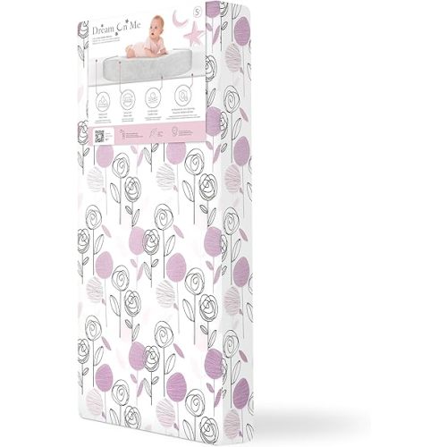 Dream On Me Floral Dreams 5” Firm Fiber Crib & Toddler Mattress (52" L x 28" W), 2-in-1 Dual-Sided Infant & Toddler Support, Waterproof & Stain Resistant, GREENGUARD Gold & JPMA Certified - Rose Pink