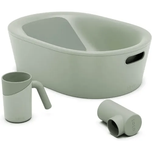Lalo Bathtime Starter Kit - Modern Baby Bathtub, Rinse Cup & Spout Cover Bundle, Safe & Clean Design for Newborns, Minimalist Design, Easy to Clean, 25.3 x 18 x 7.7 in, 10 lb - Sage