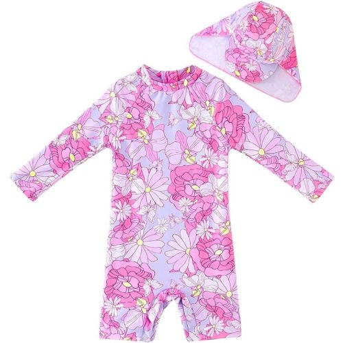 UMELOK Baby Girls Sunsuit UPF 50+ One Piece Rash Guard Swimsuit with Hat