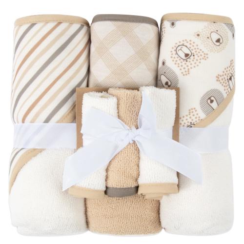 Baby Essentials Teddy Bears & Stripes 100% Polyester Towels & Washcloths, Peach, 6 Count