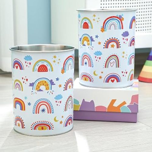 LemonRoad 2 Pack Rainbow Wastebasket Metal Trash Can Small Decorative Garbage Can for Bedroom Bathroom Nursery Daycare Kitchen Laundry Room Offices Home, 1.50 Gallons, 7.7 x 7.7 x 9.4 Inches