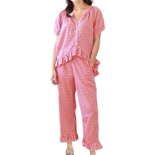 Womens Gingham Pajama Set 2 Piece Short Sleeve Babydoll Shirt and Pants Lounge Set Cute Sleepwear