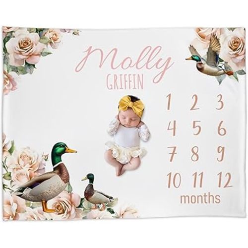 Personalized Baby Milestone Blanket for Girls, Custom Newborn Baby Girl Blankets with Name, Mallard Duck Milestone Monthly Blanket for Shower Gift, Monthly Baby Milestone Blanket