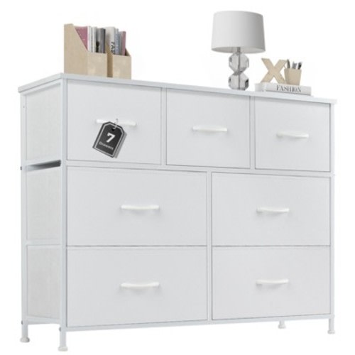 NicBex 7 Drawers Dresser for Bedroom,Chest of Drawers with Fabric Bins and Black Metal Handles Design,Fabric Storage Dressers for Bedroom,White