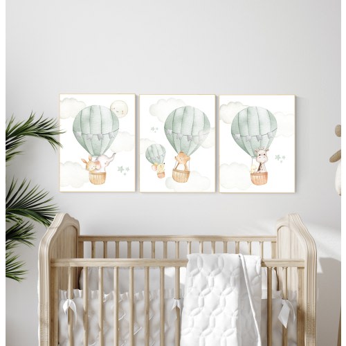 Sage Green Hot Air Balloon Nursery Prints: Neutral Baby Decor