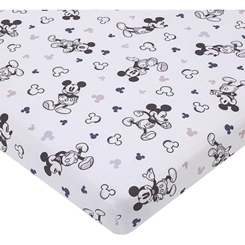 Disney Mickey Mouse Gray, Black, and White Super Soft Nursery Fitted Mini Crib Sheet