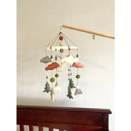 Felt mountain woodland mobile; Neutral nursery decor; boy girl rustic decor; Rust, sunset, warm natural nursery