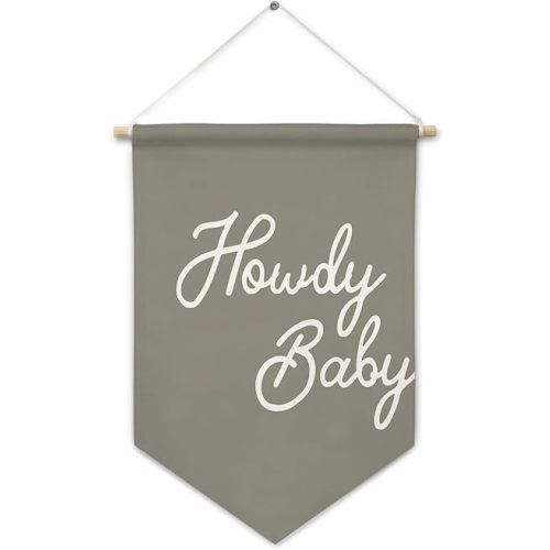 ArtisaEura Western Nursery Wall Canvas Banners, Western Nursery Decor, Grey Howdy Baby Hanging Display Pennant Banner Flags, Baby Girl Boy Wall Decor for Kids Room Bedroom Playroom
