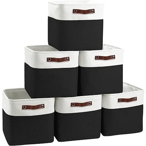 Cube Storage Baskets 6 Pack, 11x11 inch Foldable Cube Storage Bins with Leather Handles for Shelf Closet Nursery Toys (White/ Black)