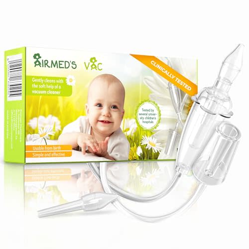 Airmed's Vac Nasal Aspirator Baby. CLINICALLY Tested, Safe and Gentle. Baby Nose Sucker with 2 Suction Heads and Cleaning Brush. Safe and Gentle Baby Nasal Aspirator with Strength of a Vacuum Cleaner