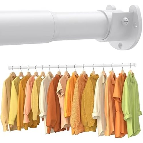 Closet Rods for Hanging Clothes, 17-69 Inch No-Cut Stepless Adjustable Closet Rod, 1.3 Inch Heavy Duty Metal Closet Hanging Rod with Brackets, White Closet Bar for Closet, Laundry Room, RV, Wardrobes