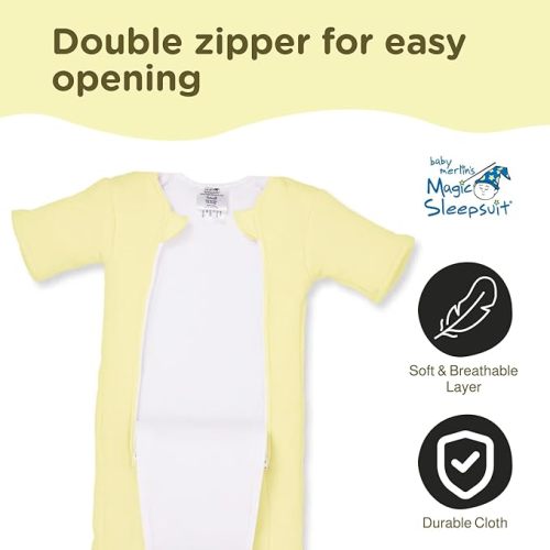 Magic Sleepsuit 100% Cotton Baby Transition Swaddle - Sleepsuit for Infants 6-9 Months - Baby Sleep Suit with Double Zipper for Easy Diaper Changes - Ideal Sleepwear for Back Sleeping - Yellow