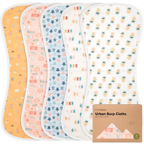 Organic Burp Cloths Baby Boy & Girl - 5-Pack Super Absorbent Cotton Burping Cloths for Babies, Soft & Plush Newborn Spit Up Rags, Infant Towels for Milk Spit Up, Unisex, Large 21" x 10" (Beach Day)