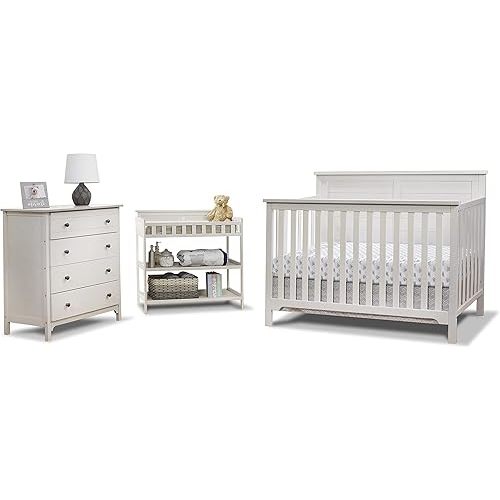 Sorelle Furniture Farmhouse 3-Piece Nursery Set with 4-in-1 Convertible Crib, 4-Drawer Dresser, and Changing Table with Shelves, Baby Furniture Made of Wood, Non-Toxic Finish-Weathered White