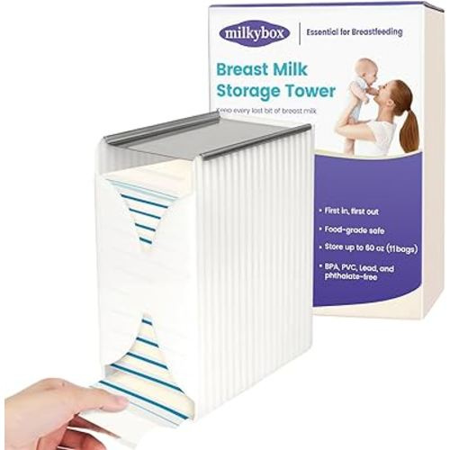 Freeze Organizer and Tower for Breastmilk Storage Bags, Milkybox First-in First-Out Container Storing System with Quick-Freeze Tray to Freezing Breastmilk, Reusable and Breastfeeding Essentials