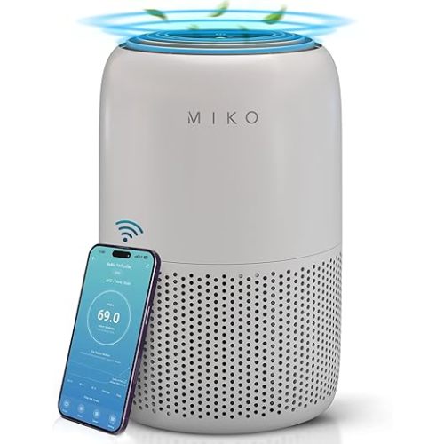 MIKO Air Purifier for Bedroom with 3-in-1 HEPA Filter & Sleep Mode, Whisper Quiet, Covers Up to 1200 ft, Smart Wi-Fi App Control - Removes Smoke, Allergens, Pets Hair, Dust, Odors, Pollutants