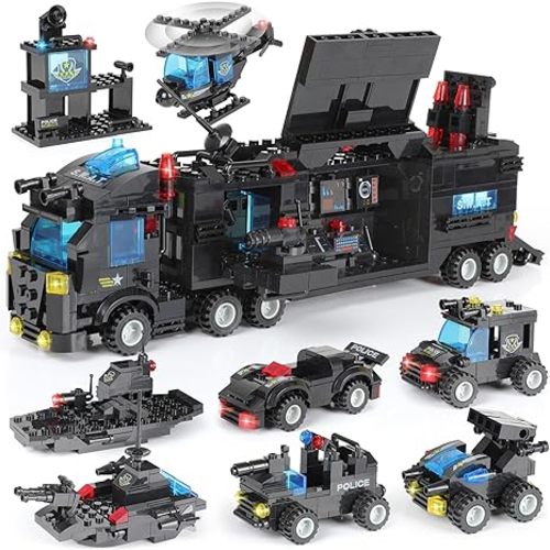 1110 PCS SWAT City Police Set Cop Car Building Set with Helicopter, Boat, Police Station, Mobile Command Center Truck Toys in 25 Different Models, Gifts for 6 Plus Year Old Kids Boys