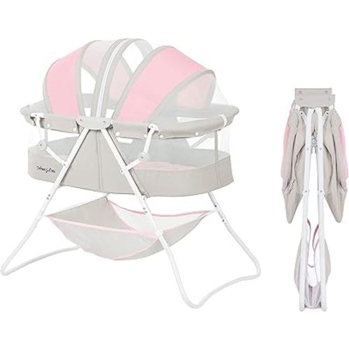 Karley Baby Bassinet in Grey and Pink, Lightweight Portable, Quick Fold and Easy to Carry , Adjustable Double Canopy, Indoor and Outdoor with Large Storage Basket.