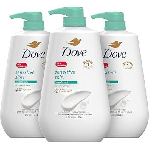 Dove Body Wash 3 Count with Pump Sensitive Skin Hypoallergenic, Paraben-Free, Sulfate-Free, Cruelty-Free, Moisturizing Skin Cleanser Effectively Washes Away Bacteria While Nourishing Skin 30.6 oz