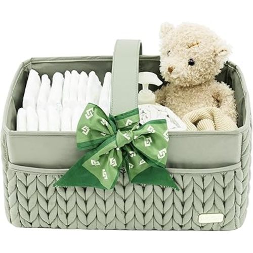 Luxurious Baby Diaper Caddy, Nursery Storage Basket for Newborn Essentials, Travel Baby Basket for Diapers Baby Wipes, Organizer Tote Bag Storage Bin, Baby Shower Gifts(mint green)