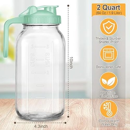Mason Jar Pitcher, 64 OZ Breast Milk Pitcher Double Leak Proof with Pour Spout Handle, Wide Mouth Iced Tea Pitcher for Fridge, Creamer Container for Coffee, Sun Tea juice (Green,1 Pack)
