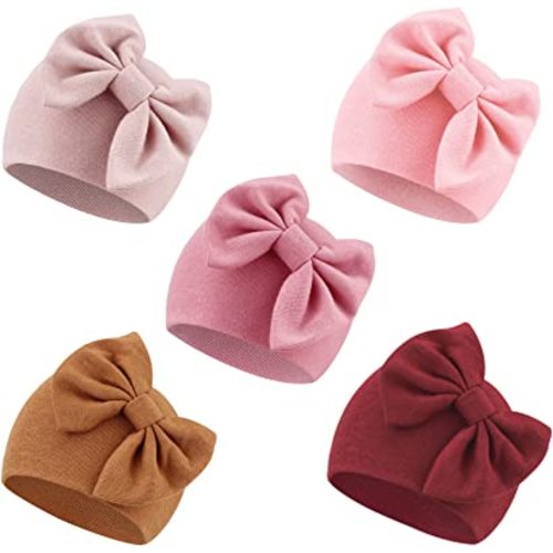 5 PCS Newborn Baby Hats Cotton Baby Beanie Caps with Bow Infant Hospital Hats Newborn Hats for Baby Girls 0-6 Months