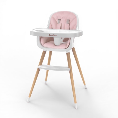 Babilous Baby High Chair, Wooden Highchair with Removable Tray, Adjustable Legs, Cushion, 5-Point Harness and Footrest for Infants, Baby, Toddlers, Pink