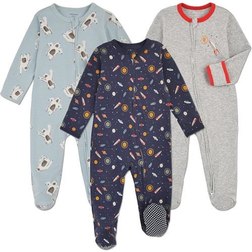 Aablexema Baby Footie Pajama with Mitten Cuffs, Double Zipper Infant Cotton clothes Sleeper Pjs, Footed Sleep Play - 0-3 Months - Snow & Rocket & Space