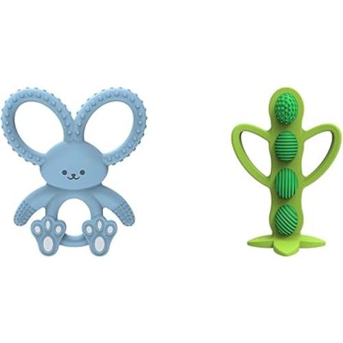 Dr. Brown's Flexees Blue Bunny Silicone Teether and Peapod Teether Toothbrush Bundle for Baby, 3m+, BPA Free