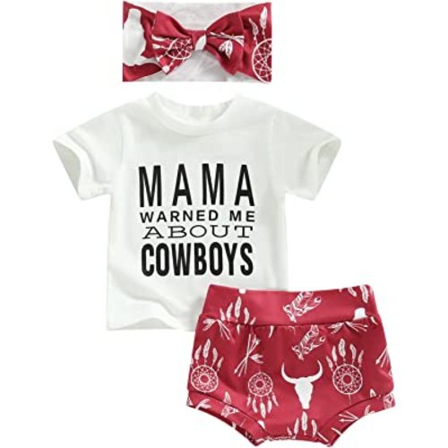 KOSUSANILL Western Baby Girl Clothes Letter Print Short Sleeve Top Shirt Cow Shorts with Headband 3PCS Summer Outfits