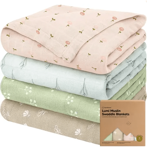 4-Pack Muslin Swaddle Blankets for Boys, Girls - Organic Baby Swaddles for Newborns, Soft & Breathable Receiving Baby Blankets for Girl, Boy, Neutral, Newborn Essentials Gift (Wild Bloom)