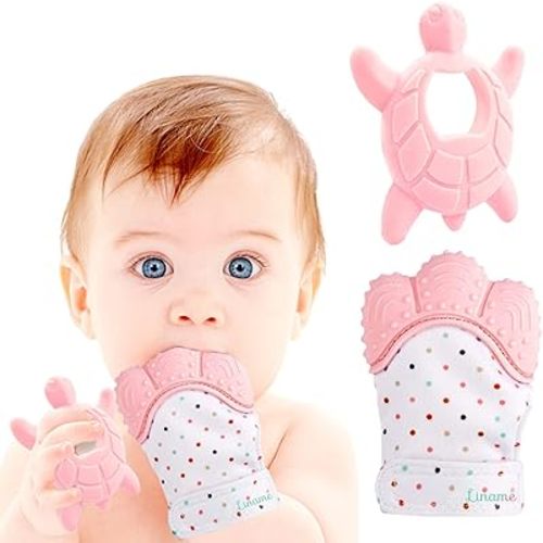 Liname 2 Pack Teething Mitten with Soothing Toy - Baby Chew Toy and Teething Glove- Infant Teething Mitten Crinkle Sound and Textured Silicone to Soothe Sore and Swollen Gums
