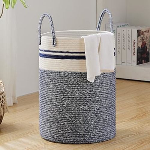 58L Large Woven Laundry Hamper by Fiona's magic, Laundry Basket Storage, Baby Nursery Hamper Toys and Clothes Hamper for Bedroom and Living Room Organizing, Jute, Blue,Tall (58L ) (15''x15''x20'')