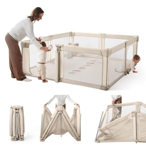 Foldable Baby Playpen,Portable Indoor & Outdoor Playpen for Babies and Toddlers,59”x59”Extra Large Play Pen with Gate,Collapsible Baby Fence with Travel Bag(Light Khaki)