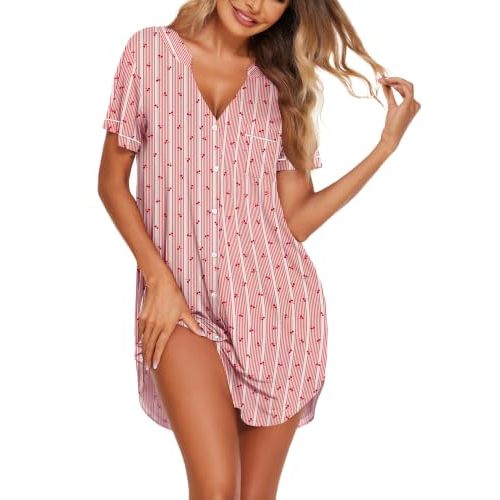 Ekouaer Nightgowns for Women Button Down Night Gown Short Sleeve Sleepshirt | V Neck Nightshirt Soft Sleepwear Pajams Dress for Night, Sleep, Bedroom, Labor, Delivery, Maternity, Nursing, Hospital