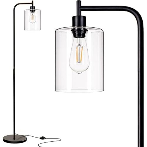 addlon Floor Lamps for Living Room Bright Lighting with Glass lampshade, Modern Bright Floor Lamp with LED Bulbs Industrial Standing lamp for beroom, Tall Pole Lamps Office - Black