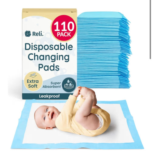 Reli. Disposable Changing Pads for Baby (110 Pack) | Disposable Diaper Changing Pads, 13" x 18" | Super Absorbent, Leak-Proof Liners | Waterproof, Quick Dry Underpads (Blue/White)