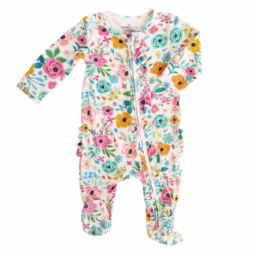 Pretty Poppies Ruffle Zipper Footie, 3-6mos