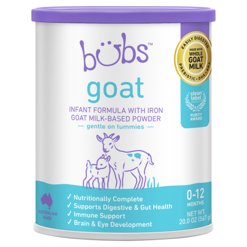 Bubs Goat Milk Infant Formula (0-12 Months), 20 oz. Canister; 4 fl oz Bottle (32 Pack)