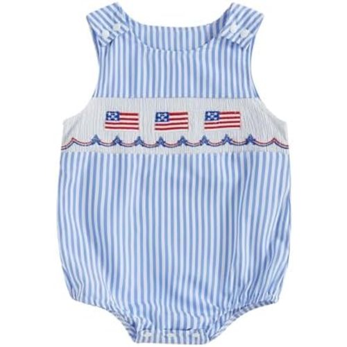 4th of July Baby Boy Outfit American Flag Overalls Somcked Bubble Romper Bodysuit Newborn Memorial Day Outfits