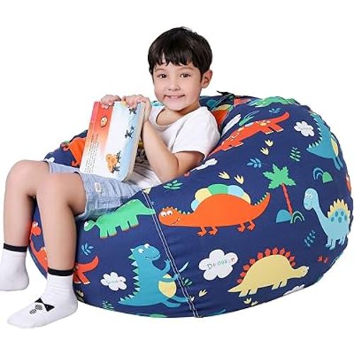 Lukeight Stuffed Animal Storage Bean Bag Chair Cover for Kids, Dinosaur Zipper Beanbag Chair Cover for Organizing Toddler & Kids' Rooms Plush Toys (Dinosaur, XX-Large)