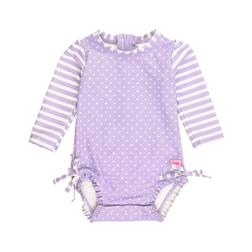 RuffleButts Baby Girls UPF 50+ Sun Protection Polka Dot Long Sleeve One Piece Rash Guard Swimsuit with Zipper