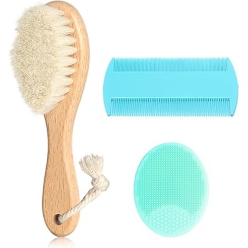 Goat Baby Hair Brush Set, Safe Natural Hair Care Kit with Wooden Soft Bristles Brush Comb Green Silicone Bath Brush for Newborns Toddlers (3pcs Set)