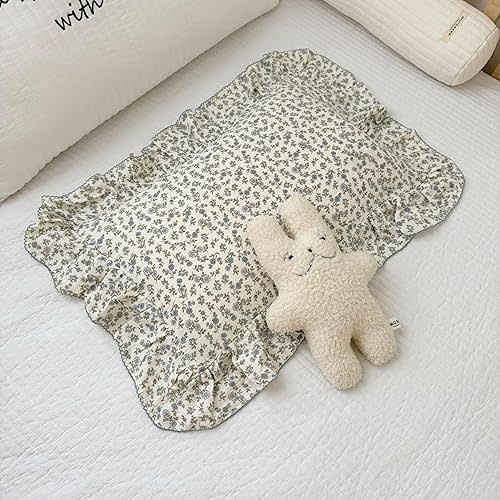 BuLuTu 2 Layers Muslin Cotton Toddler Pillowcase, 1 pc, 14"x20", Shabby Chic Blue Floral Print Pillow Cases for Kids Girls Boys Pillow Covers Soft Breathable, Envelope Closure