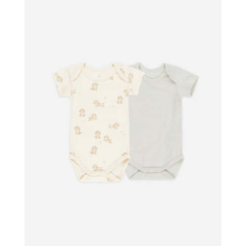 Short Sleeve Bodysuit, 2 Pack || Puppies, Sky Micro Stripe