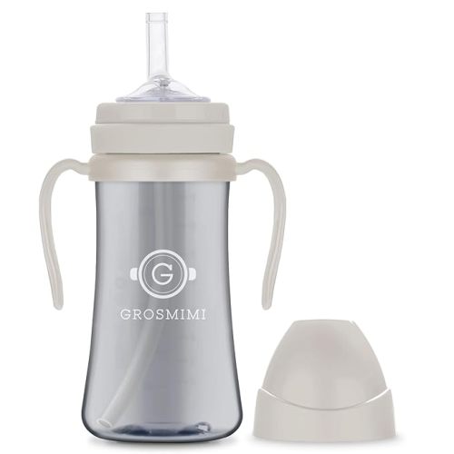 GROSMIMI Spill Proof no Spill Magic Sippy Cup with Straw with Handle for Baby and Toddlers, Customizable, PPSU, BPA Free 10 oz (Beige)
