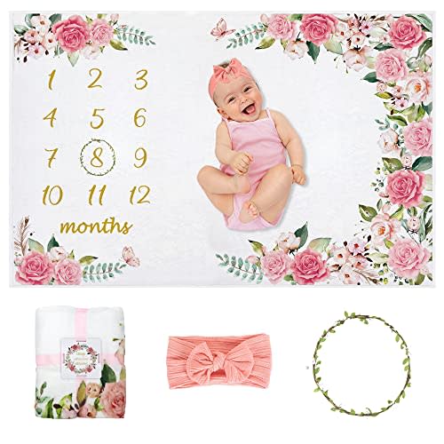 Baby Monthly Milestone Blanket Girl, Milestone Blanket for Baby Girl, Track Growth and Age, Newborn Shower Gifts for Mom, Includes Floral Wreath & Pink Bow Headband, 60" X 40"