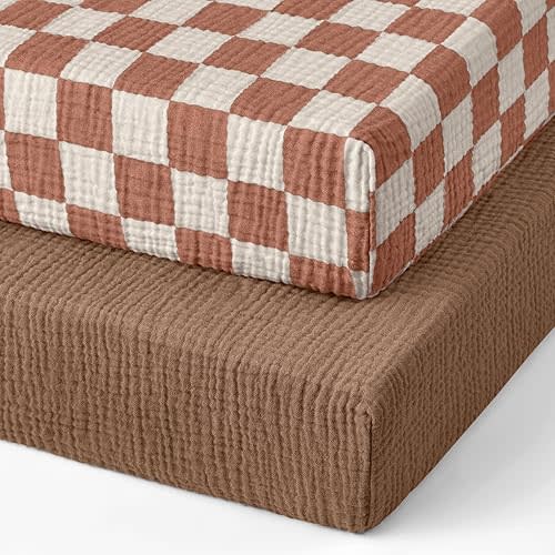 Blissful Diary Muslin Mini Crib Sheets, Pack and Play Mattress Sheets Fitted for Pack N Play, Soft Cotton for Boys Girls, 2 Pack(Brown Checkboard & Brown)
